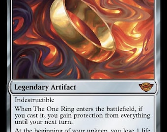 May include: A collectible trading card titled The One Ring, featuring a golden ring centered against a swirling background of orange, red, and dark purple flames. The card text includes Legendary Artifact, Indestructible, and game rules.