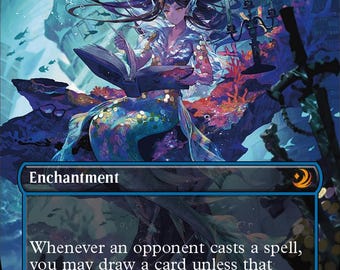 May include: A collectible trading card titled Rhystic Study featuring an illustration of a mermaid reading a book underwater. The card text reads: Whenever an opponent casts a spell, you may draw a card unless that player pays 1. The card has a blue border.