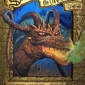 May include: A collectible trading card featuring Smaug the Magnificent, a brown dragon with glowing red eyes and smoke emitting from its mouth. The card has a gold-colored border with ornate text reading Smaug the Magnificent and Legendary Creature - Dragon.