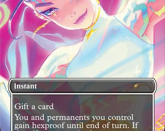 May include: A collectible trading card titled Dawn's Truce featuring a vibrant, stylized illustration of a character with blue facial markings and gold jewelry. The card text includes the rules for the instant spell, set information, and copyright.