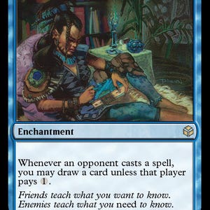 May include: Blue "Rhystic Study" Magic: The Gathering card. The card features an illustration of a person reading in a room with a bookshelf. Text on the card reads "Enchantment" and game instructions.