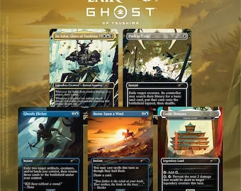 May include: A collection of five Magic: The Gathering trading cards from the Secret Lair x Ghost of Tsushima collaboration. The cards feature artwork of Jin Sakai, Path to Exile, Ghostly Flicker, Borne Upon a Wind, and Castle Shimura with text.