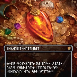May include: A game card featuring a glowing amber pendant centered over a pile of gold coins, jewels, and pearls. The top text reads "BAX·NENT" and the bottom text is written in a runic script. The card includes a "Bash Gaming" logo and "Mox Amber" text.