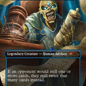May include: A Magic: The Gathering card titled "Eddie the Judge" featuring a skeletal figure with glowing blue eyes, holding a gavel and a scroll. The card has a blue border and text that reads "Legendary Creature - Human Advisor."