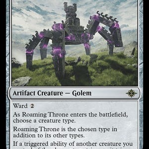 May include: A trading card titled Roaming Throne featuring a stone golem creature with multiple legs and glowing purple energy accents. The card text includes the name, mana cost 4, artifact creature type, and rules text regarding creature types.