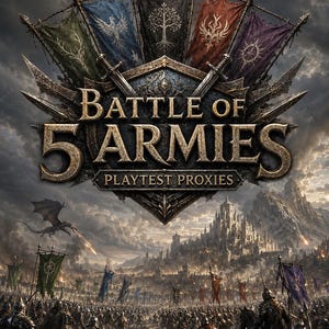 May include: A fantasy-themed graphic featuring the text Battle of 5 ARMIES PLAYTEST PROXIES centered above a vast battlefield. Five colorful banners with unique symbols hang above a shield, while a dragon flies over a large stone castle.