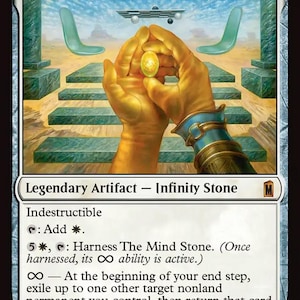 May include: A collectible trading card titled The Mind Stone featuring an illustration of golden hands holding a glowing yellow gem. The card text includes Legendary Artifact, Infinity Stone, Indestructible, and game mechanics for harnessing the stone's power, with a Bash Gaming Proxies logo at the bottom.