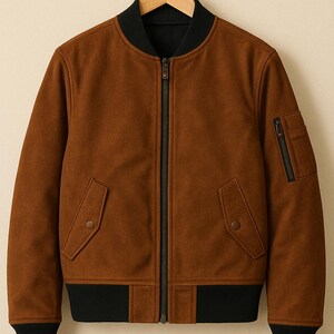 May include: A brown bomber jacket with a black collar, cuffs, and hem. The jacket has a front zipper, two front pockets with button closures, and a zippered pocket on the left sleeve. The jacket is hanging on a wooden hanger.