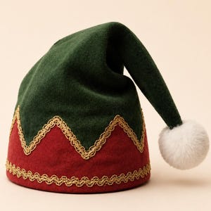 Cappello da Babbo Natale elfo fatto a mano / Costume natalizio in lana verde e rossa con ricami dorati