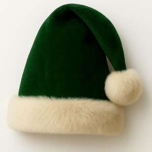 May include: A deep forest green hat with a soft, velvety texture, featuring a wide, cream-colored faux fur trim around the base and a matching cream-colored faux fur pom-pom attached to the side of the pointed, slightly drooping crown.