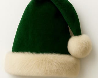 May include: A deep forest green hat with a soft, velvety texture, featuring a wide, cream-colored faux fur trim around the base and a matching cream-colored faux fur pom-pom attached to the side of the pointed, slightly drooping crown.