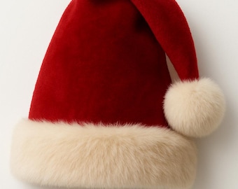 Puede incluir: Un gorro de Papá Noel de terciopelo rojo con un borde grueso de piel sintética de color crema en la base y un pompón a juego en la punta. El gorro tiene una textura suave y afelpada, con una forma cónica clásica que se dobla hacia un lado.