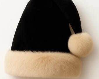 May include: A black hat with a conical shape, featuring a wide, fluffy, cream-colored faux fur trim around the base and a matching cream-colored faux fur pom-pom attached to the side of the crown, creating a classic holiday-inspired silhouette.