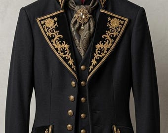 Può includere: Un cappotto lungo nero con ricami floreali dorati sui risvolti, sui polsini e sulle patte delle tasche. Il cappotto presenta bottoni dorati, un colletto alto e una fodera rosso scuro a motivi, indossato sopra un gilet nero e una cravatta scura.