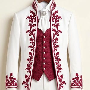 May include: A white long-coat suit featuring deep red floral embroidery along the lapels, cuffs, and hem. The ensemble includes a matching white pair of trousers, a deep red patterned waistcoat with white buttons, and a white cravat with a brooch.