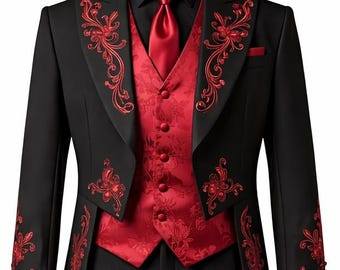 May include: A black tailcoat suit featuring red floral embroidery on the lapels and cuffs, paired with a red patterned vest, a black dress shirt, a red necktie, and black trousers. The tailcoat has a red lining and a structured silhouette.