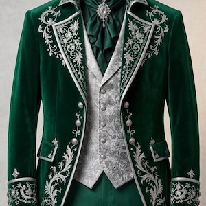 Puede incluir: Una levita de terciopelo verde oscuro con intrincados bordados plateados en las solapas y pu&ntilde;os, combinada con un chaleco gris claro estampado, un corbat&oacute;n verde a juego con un broche de cristal central y pantalones verde oscuro.