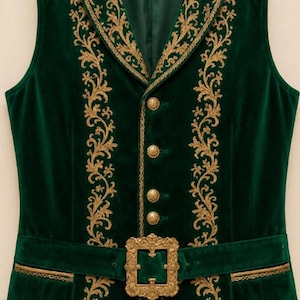 May include: A dark green velvet vest featuring intricate gold embroidery along the lapels and front panels. The garment includes four gold-toned buttons down the center and a matching gold-toned buckle on a horizontal belt across the waist.