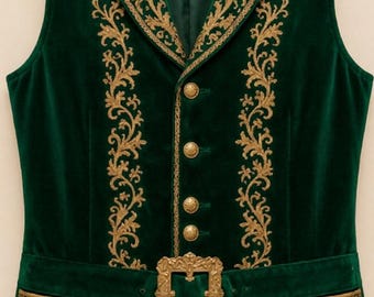May include: A dark green velvet vest featuring intricate gold embroidery along the lapels and front panels. The garment includes four gold-toned buttons down the center and a matching gold-toned buckle on a horizontal belt across the waist.