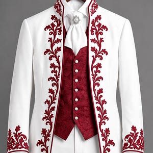 May include: A white tailcoat suit featuring deep red floral embroidery along the lapels, cuffs, and pant hems. The ensemble includes a matching white shirt, a white cravat with a decorative pin, and a deep red patterned vest with white buttons.