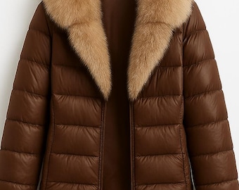 Brown Bomber Leather Jacket with Faux Fur Collar & Cuffs
