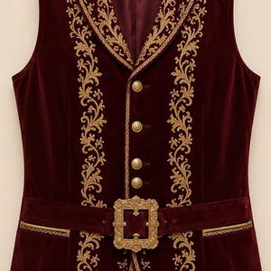 May include: A deep burgundy velvet vest featuring intricate gold floral embroidery along the lapels and front panels. The garment includes four gold-toned buttons and a prominent, ornate rectangular gold buckle at the waist with matching trim.