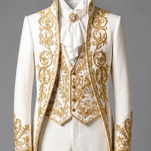 May include: A white tailcoat suit featuring intricate gold embroidery along the lapels, cuffs, and hem. The ensemble includes a matching white waistcoat with gold buttons, white trousers, and a white cravat with a central decorative pin.