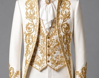May include: A white tailcoat suit featuring intricate gold embroidery along the lapels, cuffs, and hem. The ensemble includes a matching white waistcoat with gold buttons, white trousers, and a white cravat with a central decorative pin.