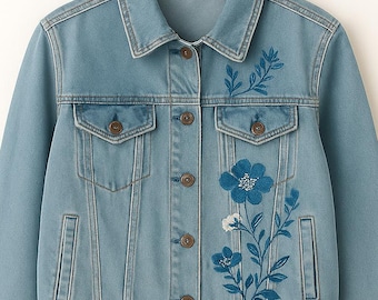 Light Blue Denim Jacket for Women | Floral Embroidered Jean Casual Style