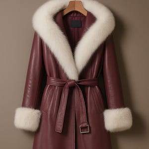 May include: A long, burgundy leather coat with a white fur collar and cuffs. The coat features a matching belt and a classic design, ideal for cold weather. The coat is hanging on a wooden hanger.