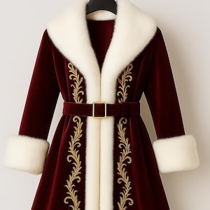 May include: A long, deep burgundy velvet coat featuring a thick white faux fur collar and cuffs. The coat is adorned with intricate gold embroidery along the front panels and includes a matching velvet belt with a gold-toned rectangular buckle.