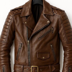 Puede incluir: Chaqueta de cuero marr&oacute;n estilo motero con cuello con solapas, m&uacute;ltiples bolsillos con cremallera y cintur&oacute;n en la cintura. La chaqueta presenta detalles acolchados en hombros y brazos, y cierre frontal con cremallera. Colgada en una percha negra.