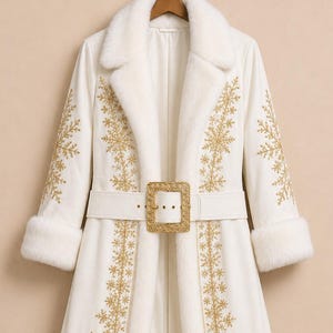 May include: A long white coat featuring gold embroidered snowflake patterns along the front panels and sleeves. The coat includes a white faux fur collar and cuffs, and a matching white belt with a large, ornate, rectangular gold-toned buckle.