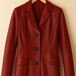 May include: A long, red coat with a classic design. The coat features a notched lapel, three black buttons, and two front pockets. The coat is hanging on a wooden hanger.