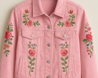 Pink Floral Denim Jacket | Handmade Embroidered Boho Casual Coat