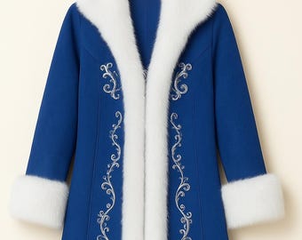 May include: A long, royal blue coat featuring a thick white faux fur trim along the collar, cuffs, and hem. The front of the coat is decorated with intricate silver embroidery in a scrolling vine pattern that runs vertically down both sides.