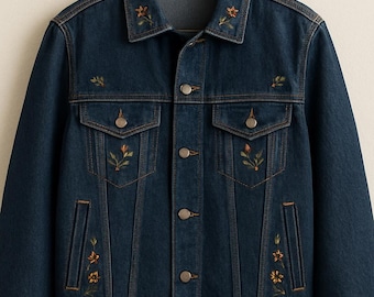 May include: A dark blue denim jacket featuring a classic collar, long sleeves, and a button-up front. The jacket is decorated with small, embroidered floral motifs in orange and green tones on the collar, chest pockets, and lower front panels.