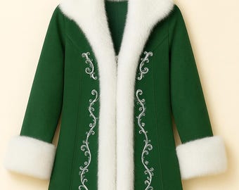 May include: A long, forest green coat featuring a thick white faux fur collar and matching white faux fur cuffs at the sleeves and hem. The front of the coat is decorated with intricate silver embroidery in a scrolling vine pattern.
