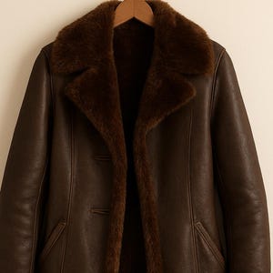 Peut inclure: Un manteau en cuir marron avec un col, des poignets et une doublure intérieure en fausse fourrure. Le manteau a un design classique avec deux poches avant et une fermeture à deux boutons. Le manteau est suspendu à un cintre en bois.
