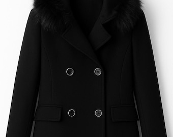 May include: A black double-breasted coat with a faux fur collar. The coat has two rows of buttons, two front pockets, and a classic tailored design. The coat is hanging on a black hanger.