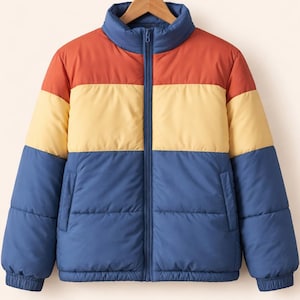 Retro Color Block Puffer Jacket, Unisex Winter Warm Coat Casual Streetwear Zip Up Outerwear image 1