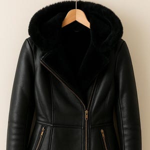 May include: Black faux leather jacket with a faux fur-lined hood and cuffs. The jacket features a diagonal zipper closure, two zippered pockets, and a warm, plush interior. The jacket is hanging on a wooden hanger.