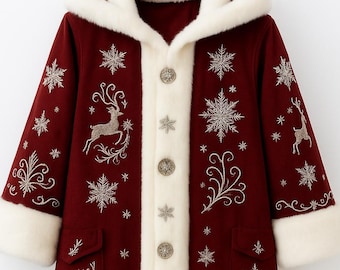 May include: A deep red hooded coat featuring white faux fur trim on the hood, cuffs, and hem. The coat is decorated with silver embroidered snowflakes, reindeer, and swirling patterns, and it fastens with five round, textured silver buttons.