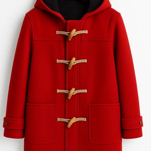May include: A bright red duffle coat featuring a hood, long sleeves with buttoned cuffs, and two large front patch pockets. The coat closes with four light tan wooden toggles attached to thick rope loops, and it has a black interior lining.