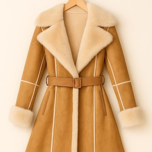 Casaco longo feminino boho de camurça com forro de pele sintética cor camelo para o inverno.
