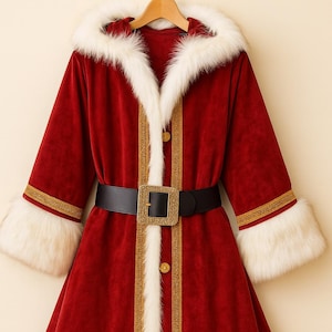 May include: A long-sleeved red velvet coat featuring a hood trimmed with white faux fur. The coat includes white faux fur cuffs and hem, gold decorative trim along the front and sleeves, and a black belt with a large, textured gold buckle.