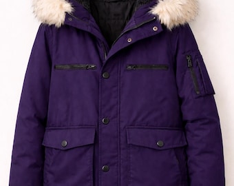 Purple Parka Jacket with Faux Fur Hood