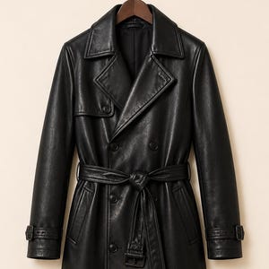 May include: A black double-breasted trench coat featuring a wide notched collar, long sleeves with buckled cuff straps, and a matching tie belt at the waist. The coat is constructed with a smooth finish and includes a storm flap on the chest.