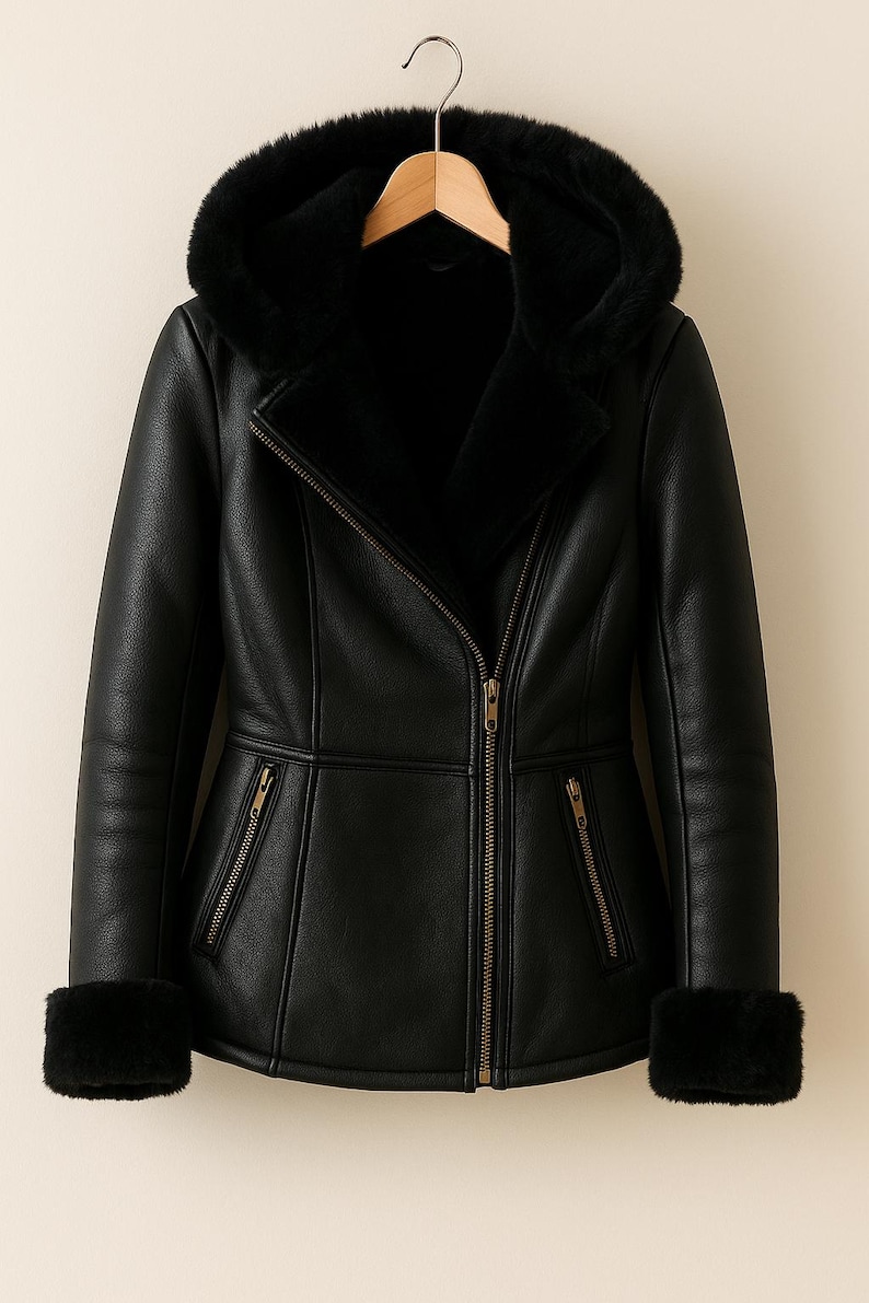 May include: Black faux leather jacket with a faux fur-lined hood and cuffs. The jacket features a diagonal zipper closure, two zippered pockets, and a warm, plush interior. The jacket is hanging on a wooden hanger.