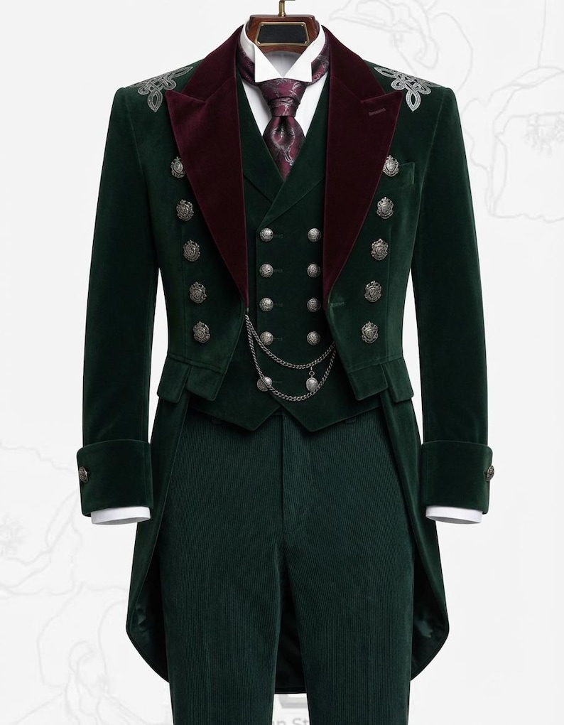 May include: A dark green velvet tailcoat suit featuring a double-breasted vest with silver buttons, a deep burgundy velvet lapel, and a matching patterned tie. The jacket includes silver shoulder embroidery and a decorative silver chain across the vest.